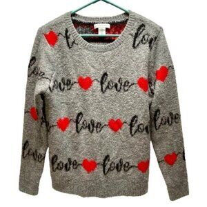 Cupcakes And Cashmere Sweater Women’s Medium Gray Red Love Hearts Crewneck